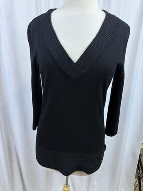 Style & Co. Black V-Neck Sweater with faux buckle accents, Large